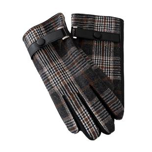 男士格子毛呢手套商务冬季加绒保暖开车触屏PU皮手套防滑触屏防寒