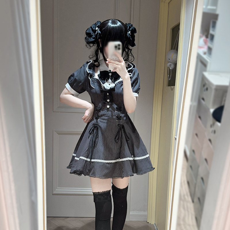 氛围元气罗曼琴弦条纹蕾服长收腰量产型服大码蕾服国牌系带蕾丝
