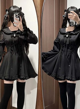 松露森林【一团】蕾丝黑色拼接水手领短长袖收腰蕾服裙子连衣裙