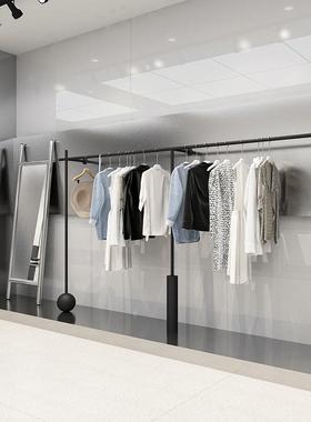 服装店展示架黑色加粗立柱落地式中岛挂衣架男女装店上墙陈列货架