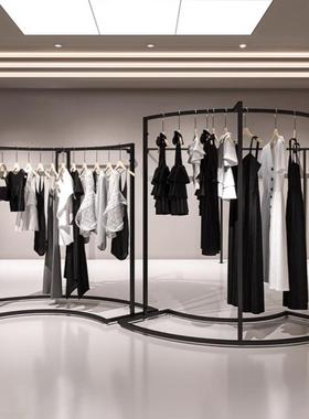 服装店中岛展示架铁艺黑色弧形衣服陈列架组合女装店铺货架挂衣架