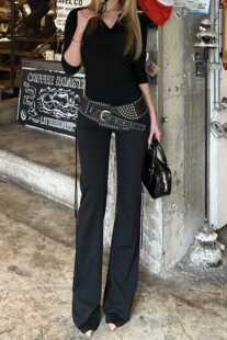 TL Jennie同款 褶皱花边抽绳低腰休闲修身显瘦微喇叭裤子辣妹神裤