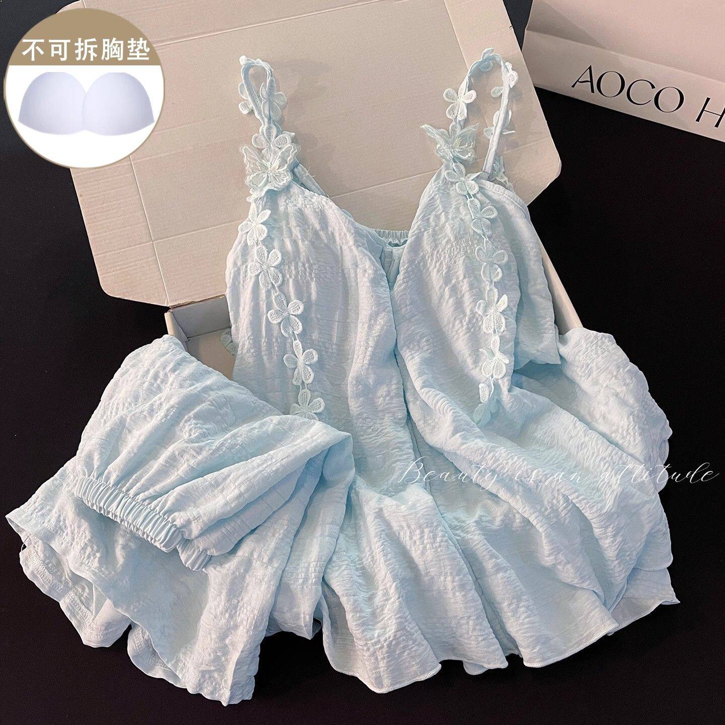 夏季胸垫吊带短裤家居服套装女