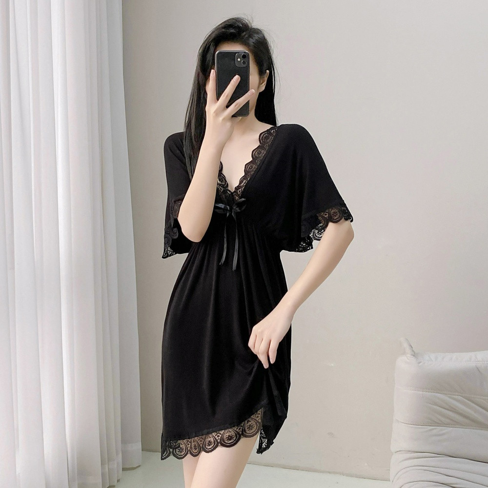 夏莫代尔纯欲深V蕾丝睡裙家居服