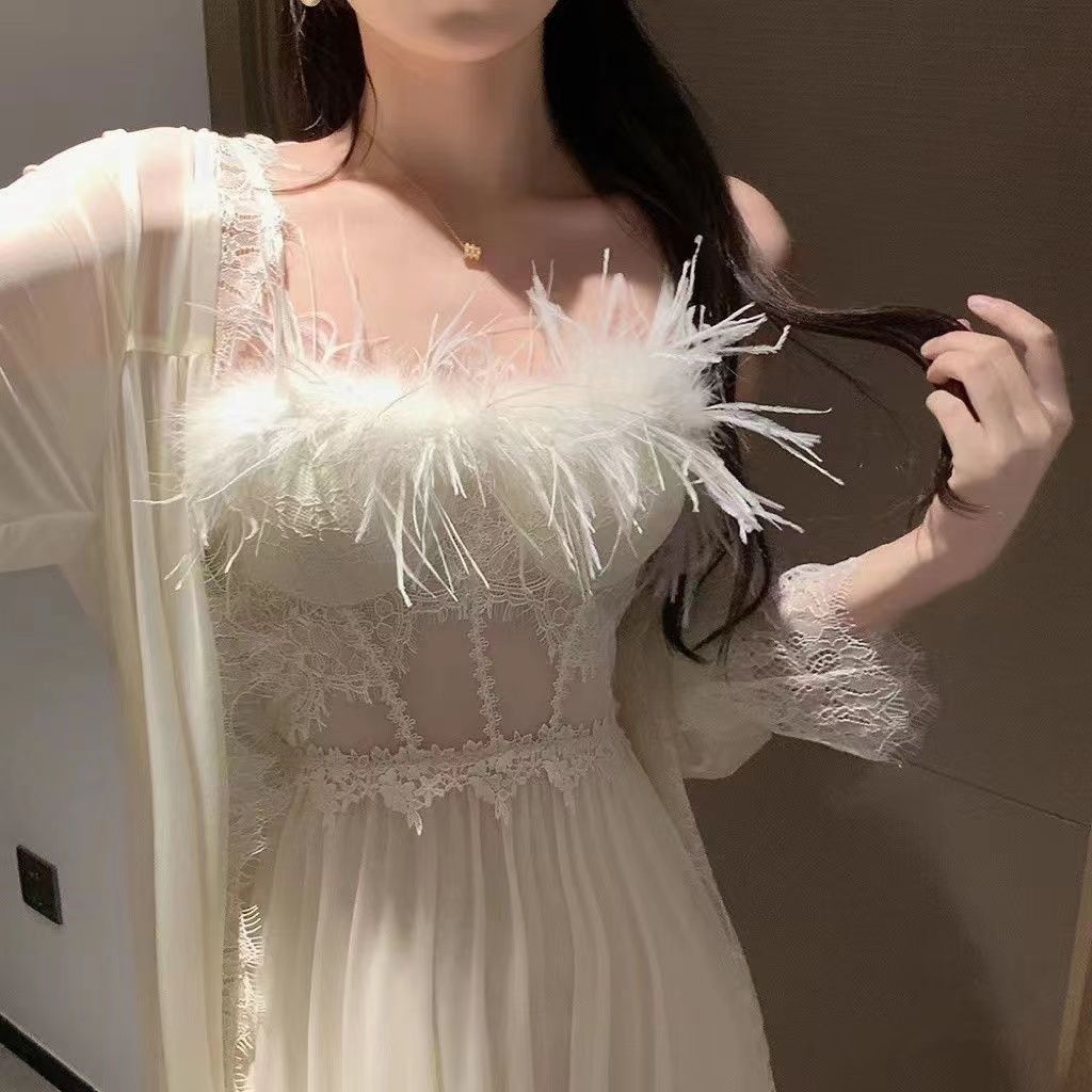 春夏新款新娘高级感羽毛睡裙