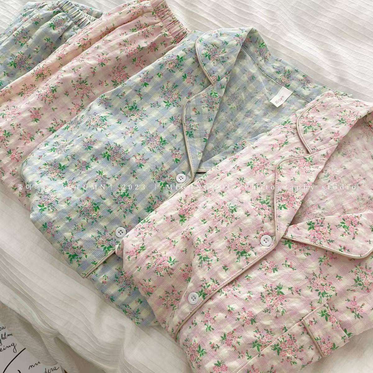 韩系慵懒风睡衣女长袖套装秋新款简约碎花少女ins家居服百搭学生