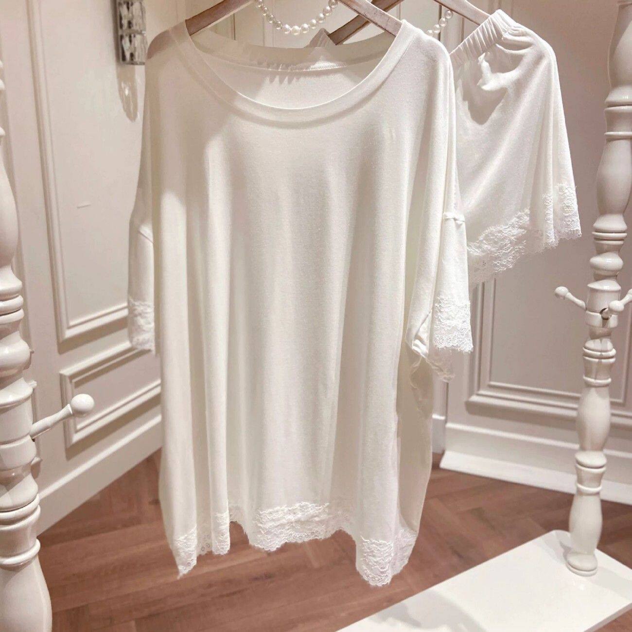 纯色睡衣女设计感蕾丝短袖短裤纯欲风时尚简约宽松休闲家居服套装