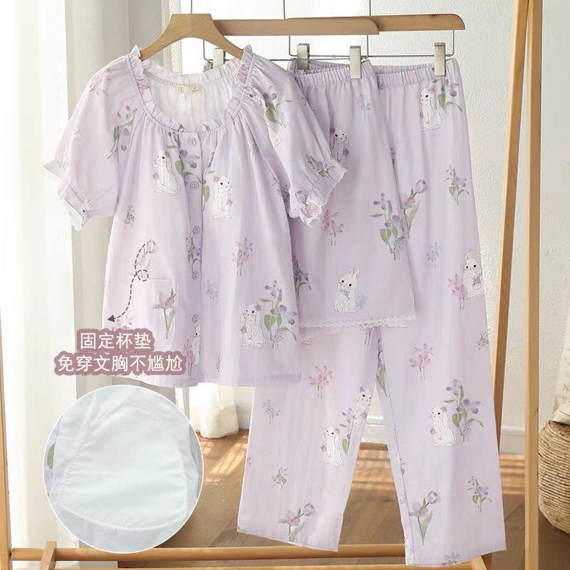 夏季胸垫短袖可外穿家居服三件套