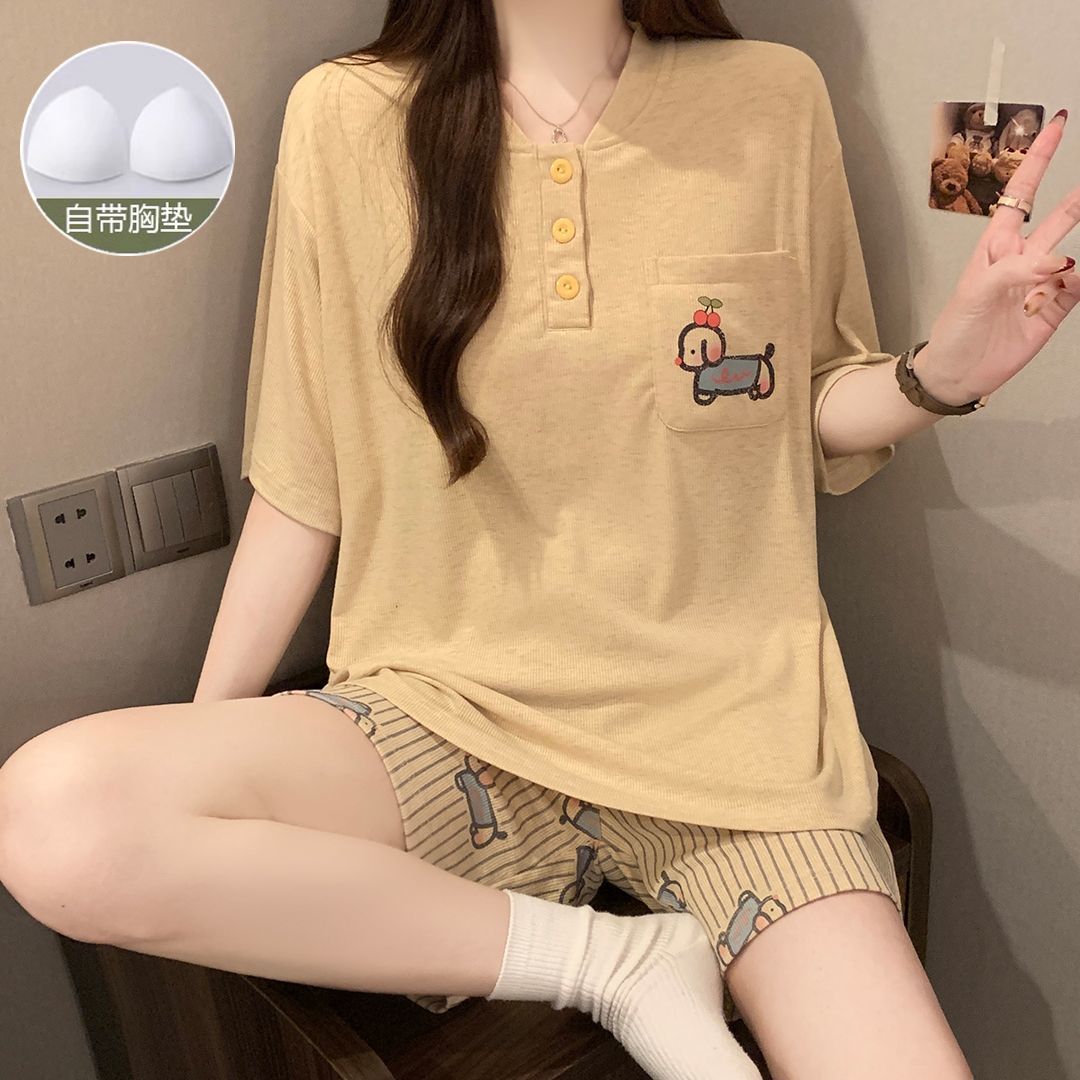 带胸垫夏季短袖睡衣套装女家居服