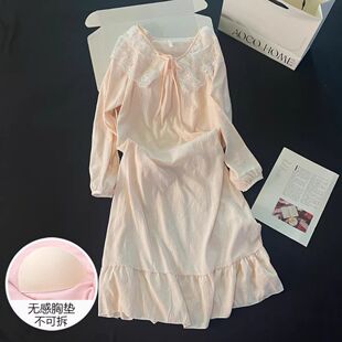 自带胸垫睡裙女秋季薄款宫廷公主风蕾丝长款过膝连衣裙女士家居服