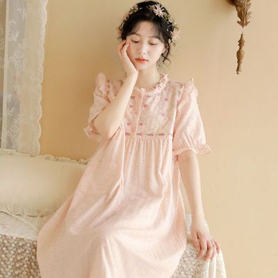 睡裙女夏季纯棉短袖中长薄款睡衣