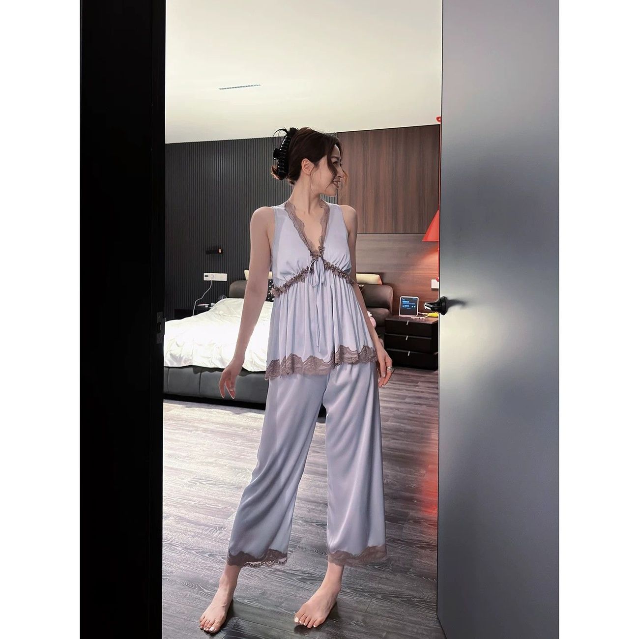 夏季冰丝蕾丝醋酸缎睡衣套装女