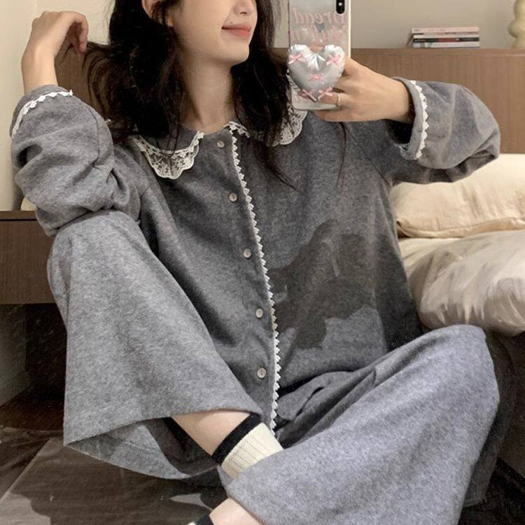 春秋季新款甜美蕾丝边长袖睡衣女休闲简约高级长裤宽松家居服套装