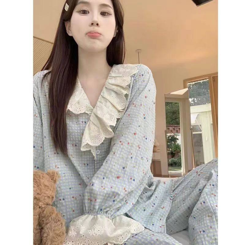 甜美格子碎花睡衣女春秋季新款蕾丝花边娃娃领长袖家居服套装,女士内衣/男士内衣/家居服,睡衣/家居服套装,淘宝优惠券,粉丝福利购,淘宝优惠卷