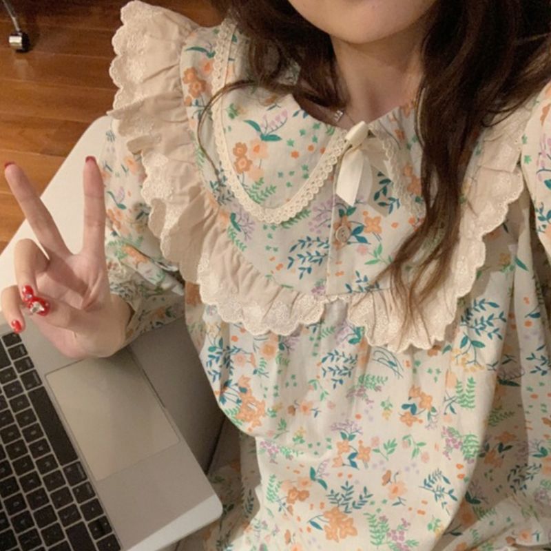 睡衣女甜美娃娃领碎花家居服套装