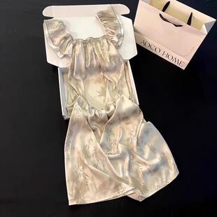 特大码200斤冰丝中长款睡裙女士国风竹叶夏季薄款奢华家居可外穿