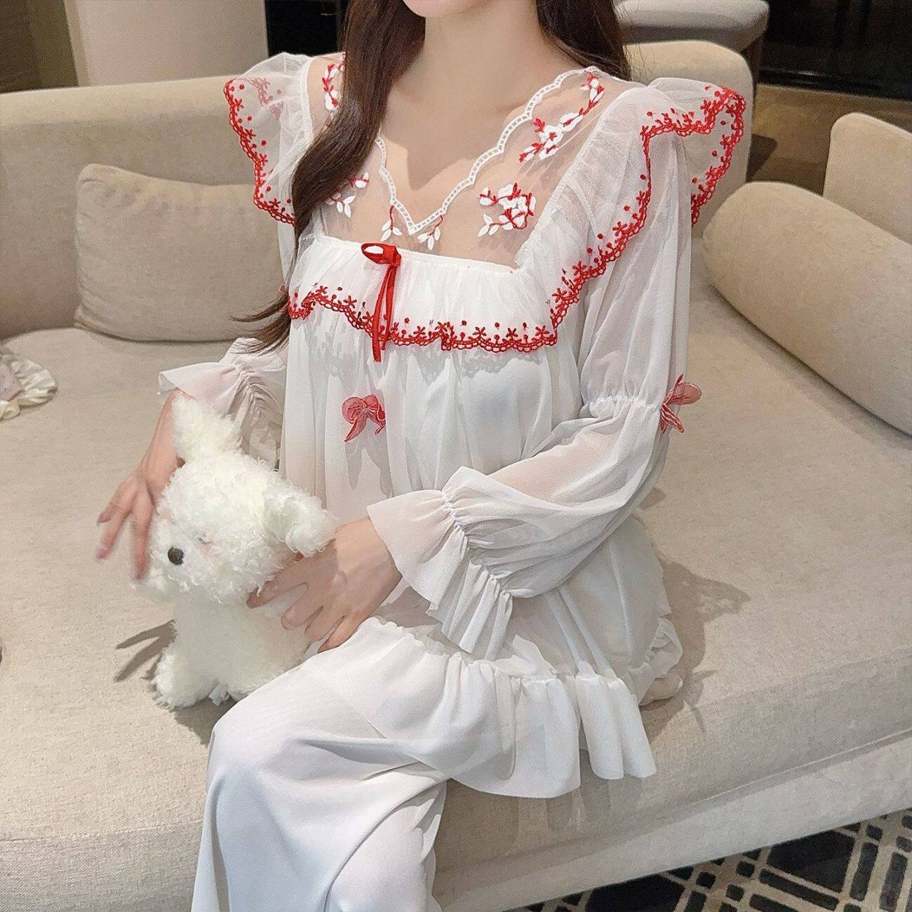 春秋网纱带胸垫睡衣套装居家服女