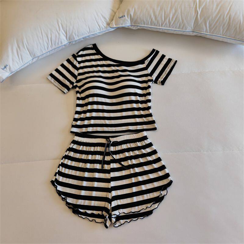 夏季睡衣女短袖带胸垫小个子软糯莫代尔可外穿韩版条纹夏天短裤装