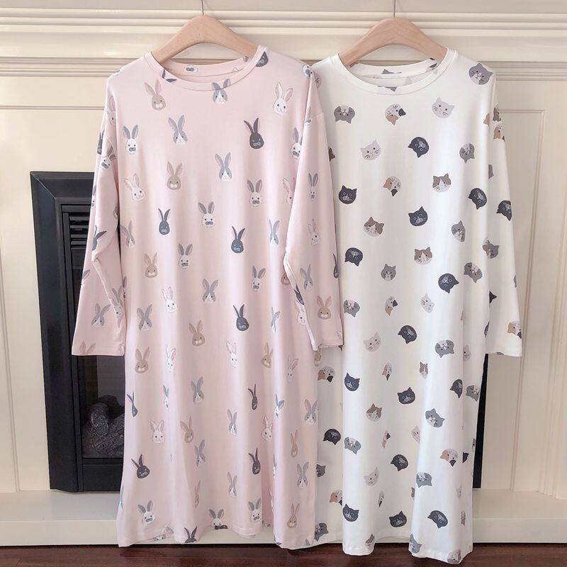 日系可爱猫咪兔子睡裙宽松大码卡通莫代尔睡衣女春秋长袖居家服