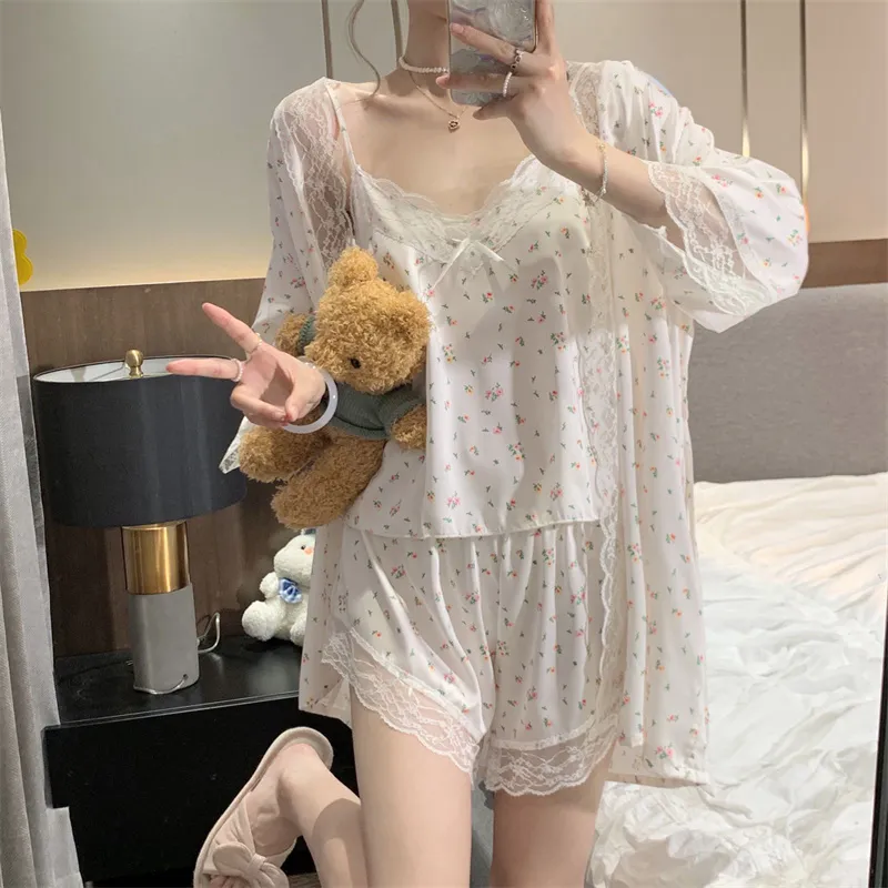冰丝睡衣吊带短裤睡衣三件套夏女