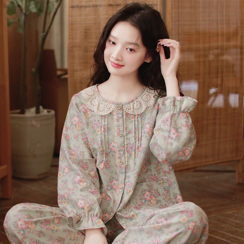 日系甜美秋冬纯棉女睡衣两件套