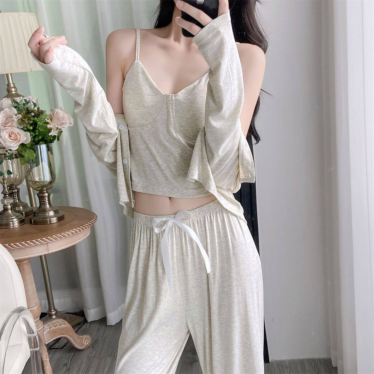 莫代尔春秋季睡衣女款吊带长袖长裤开衫带胸垫可外穿家居服三件套