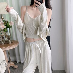 莫代尔春秋季睡衣女款吊带长袖长裤开衫带胸垫可外穿家居服三件套