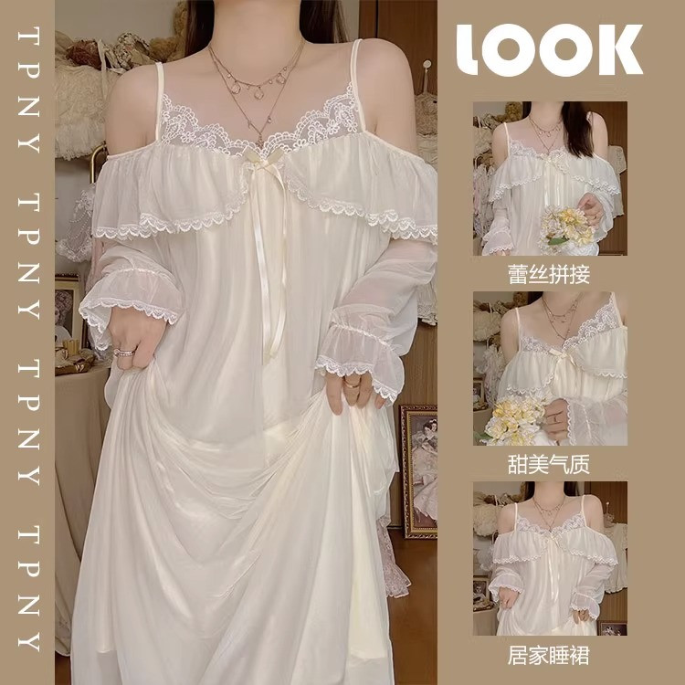 宫廷风蕾丝长袖睡裙女春秋新款