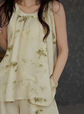 带胸垫一体棉麻睡衣女夏薄款套装