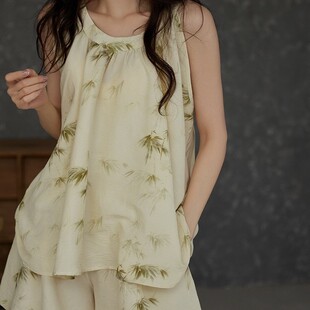 带胸垫一体棉麻睡衣女夏季吊带短裤两件套凉感薄款软绵绵套装夏天