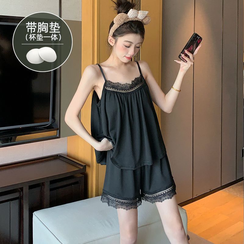 带胸垫睡衣女夏季蕾丝性感吊带背心家居服大码短裤套装可外穿显瘦