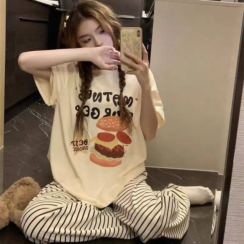 居家服慵懒外穿夏季新款套装女小个子宽松短袖T恤休闲阔腿条纹裤