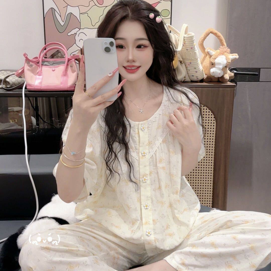 夏季纯棉透气显瘦女睡衣三件套