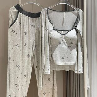 大码莫代尔睡衣三件套春秋新款圆领开衫蝴蝶结印花长袖睡衣女家居