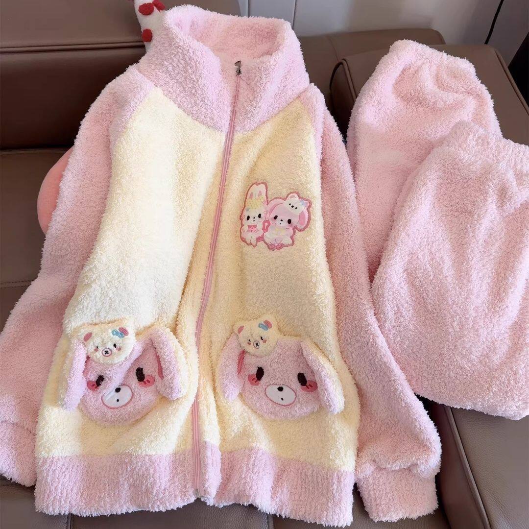 冬季珊瑚绒啵啵兔加厚睡衣套装