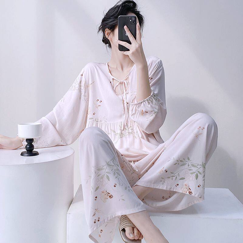 棉绸女长袖睡衣套装薄款加大码