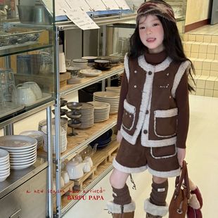 大小卷25秋冬儿童女童马甲洋气毛毛马甲羊羔绒加厚马甲短裤套装
