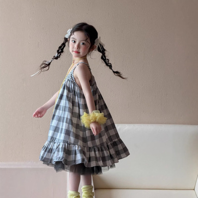 韩系中大女童格子吊带裙2026春夏新款森系洋气拼接公主长裙连衣裙