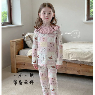 里南希 女童家居服套装2026早春新款女宝睡衣套装花边甜美纯棉a类