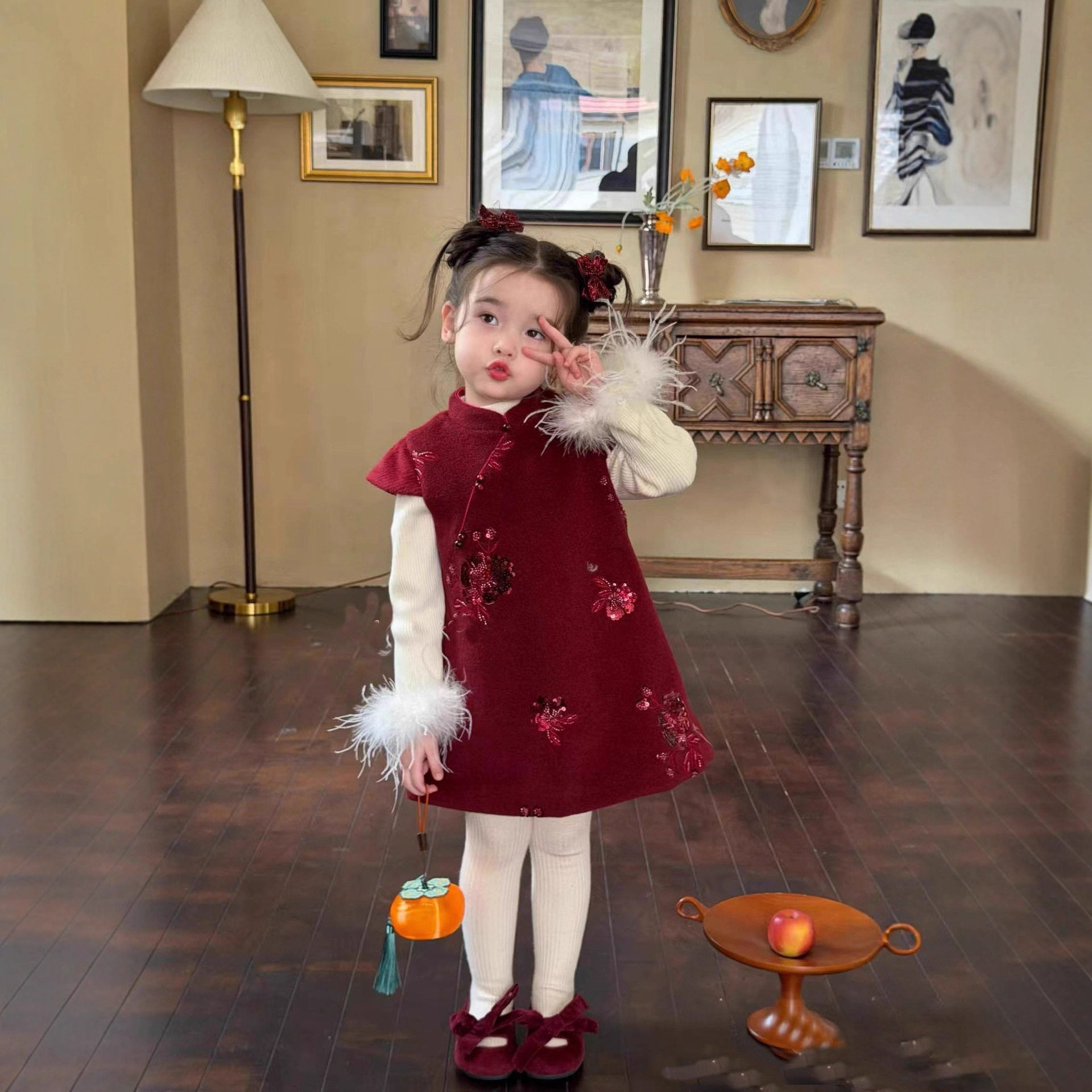 女童装2025女宝宝新中式旗袍提花夹棉马甲秋季新款儿童国风背心裙