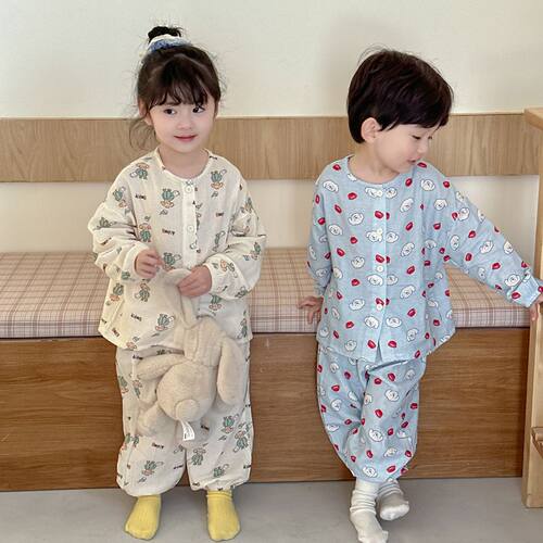 儿童春季纱布长袖居家服睡衣套装宝宝双层纯棉纱透气中小童空调服