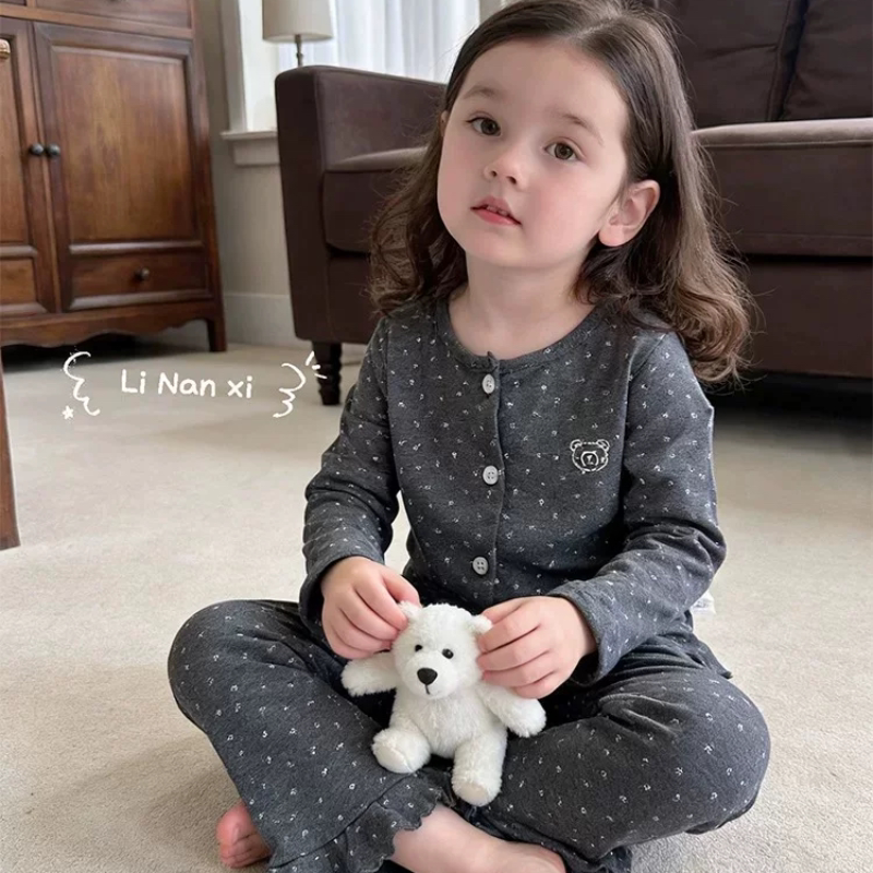 里南希 女童家居服a类莱卡高弹棉套装女宝外穿长袖微喇长裤两件套