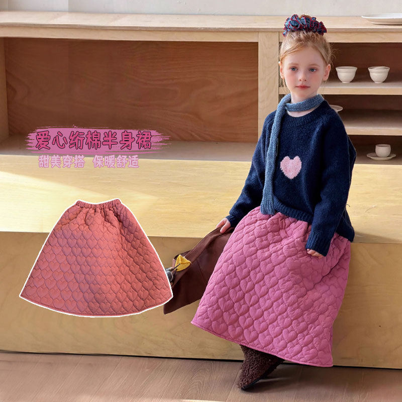 女童绗棉半身裙2025秋冬新款韩版儿童桃粉色爱心半裙宝宝夹棉裙子