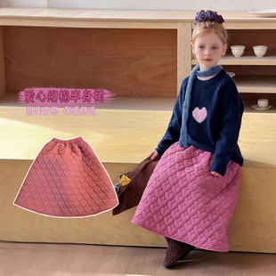 女童绗棉半身裙2025秋冬新款韩版儿童桃粉色爱心半裙宝宝夹棉裙子