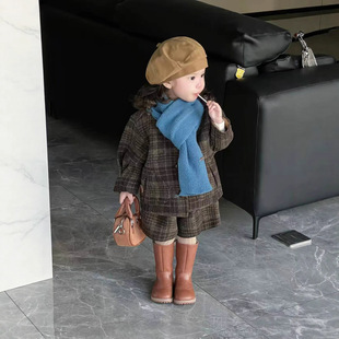 女童套装25秋冬季新款日系男女宝宝复古格子呢大衣外套短裤两件套