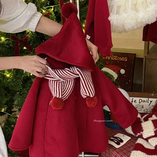 大小卷女童羊毛呢小红帽款双面羊绒呢大衣圣诞外套儿童新年拜年服