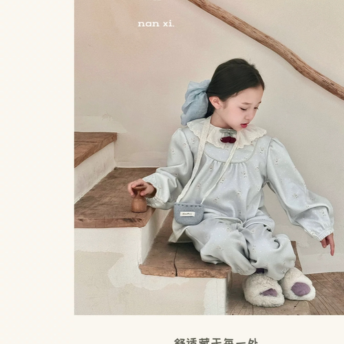里南希 女童冬季睡衣套装26新款复合奥粒绒加绒保暖韩系碎花套装