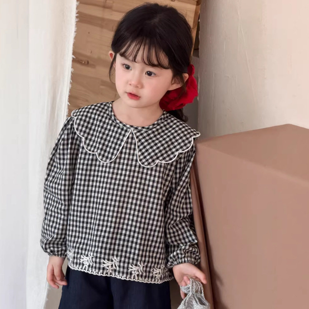 麦田季韩版女童重工刺绣格子衬衫儿童洋气翻领衬衫宝宝长袖上衣