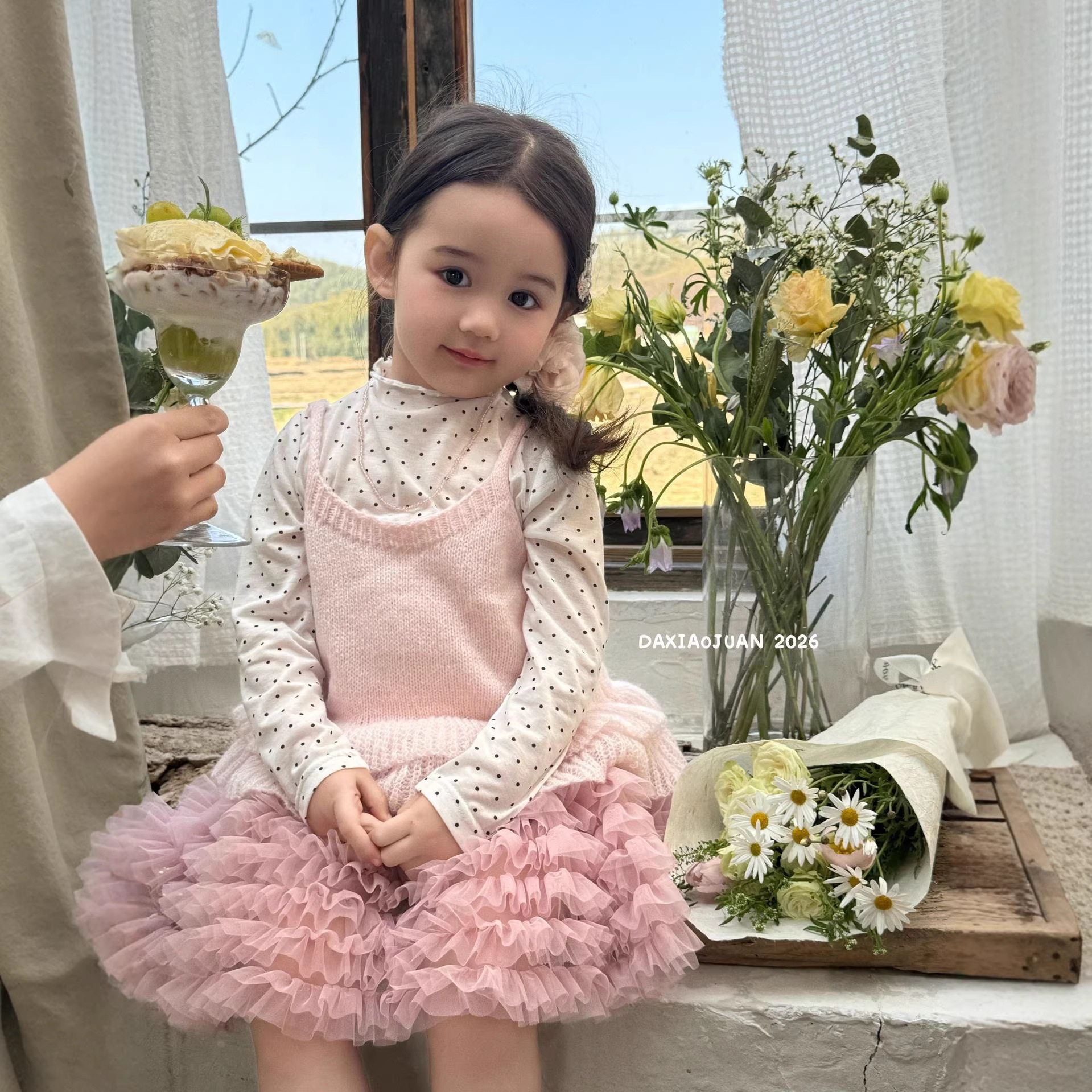 大小卷女童甜美叠穿无袖花边吊带针织背心春款马卡龙上衣110136