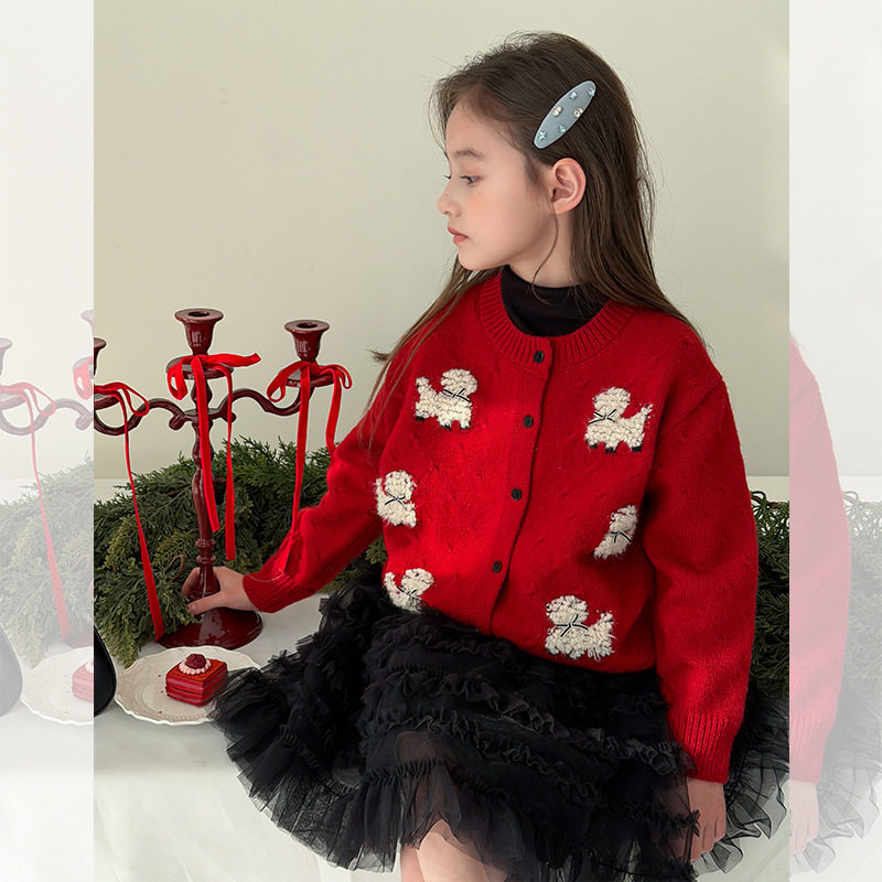 节日新年款~女童卡通可爱毛巾绣小狗立体蝴蝶结毛衣针织开衫外套
